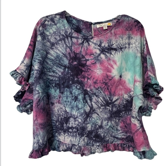 C&C California linen blend Colorful Tie-Dye Ruffle Hem Top - Picture 2 of 5